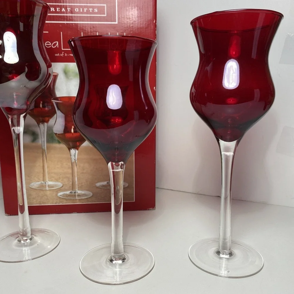 VTG Glass Tea, Light Holders Set Of 3 Red‎ Luster Finish RubyRed Christmas Decor